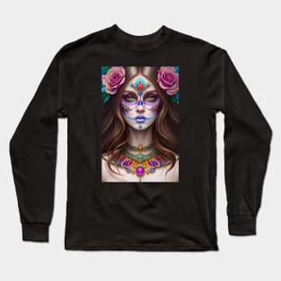 Beautiful Woman in Sugar Skull Makeup Art Long Sleeve T-Shirt